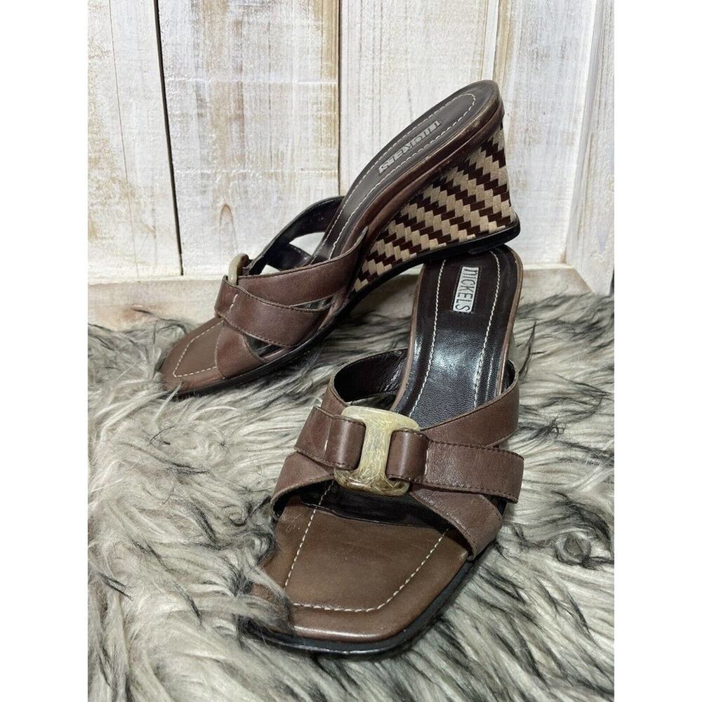 Nickles Brown Leather / Straw‎ Wedge Sandals Women's Size 7M